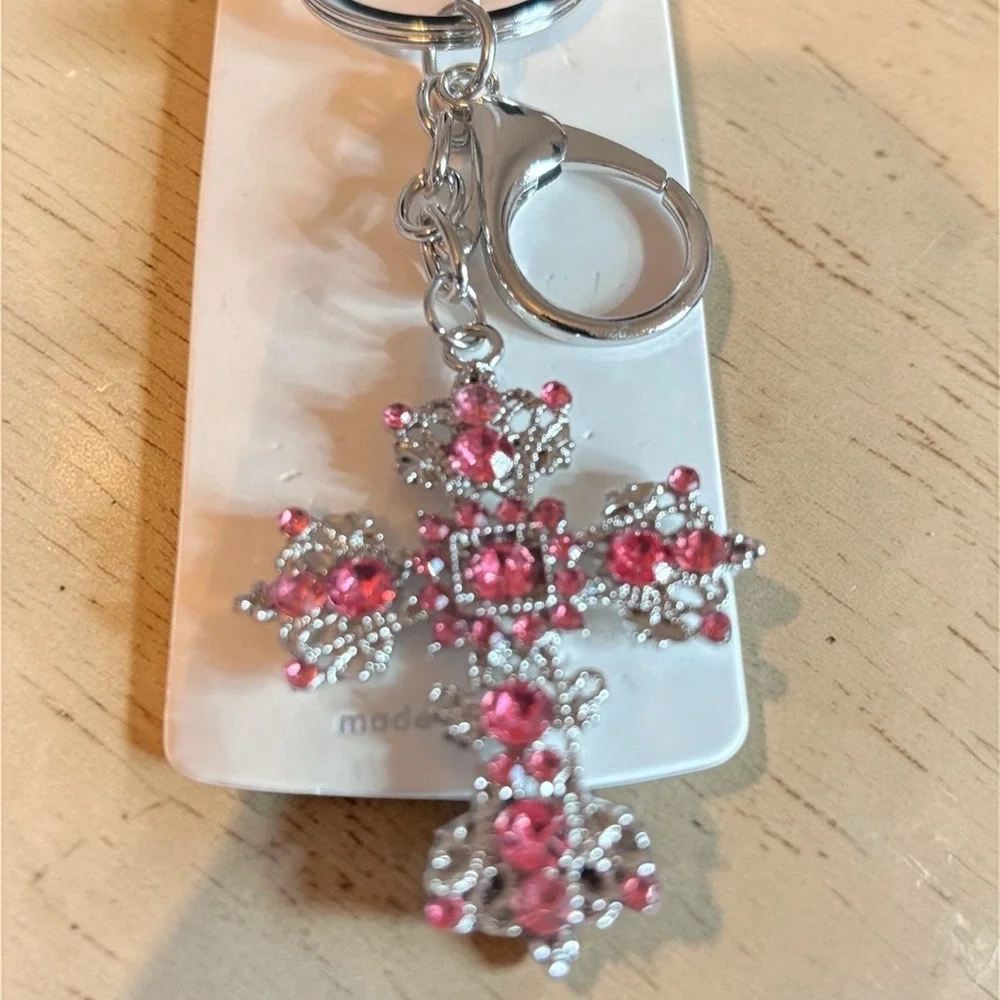Pink Rhinestone Filigree Cross Keychain Silver Tone Bag Charm